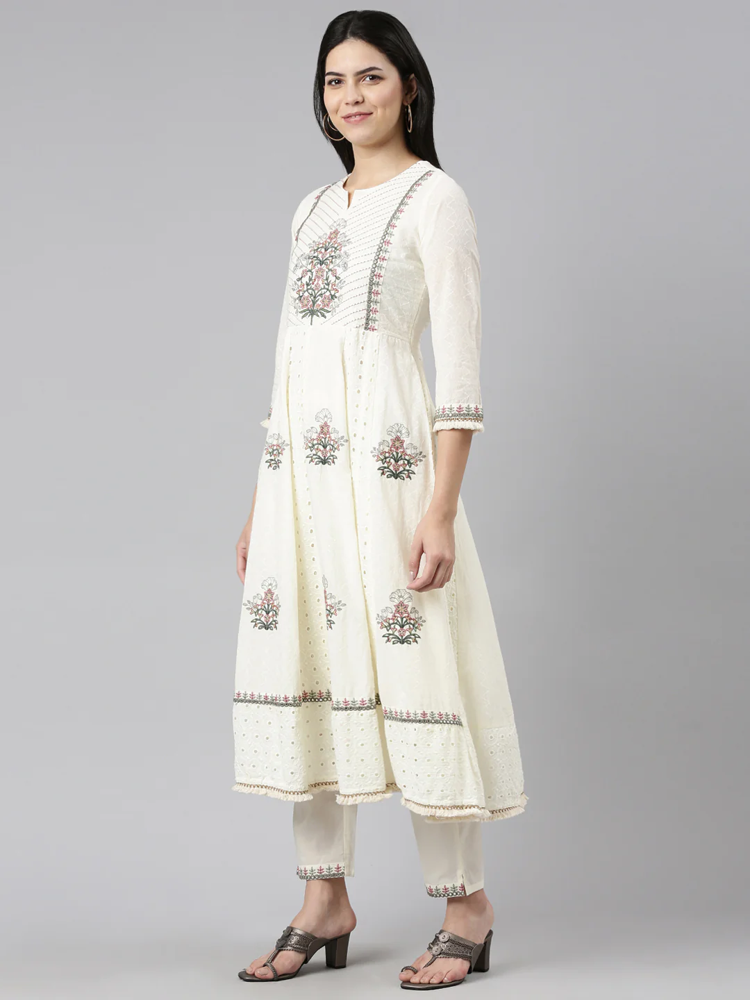 Neerus Cream Regular Straight Embroidered Readymade suits - Image 2