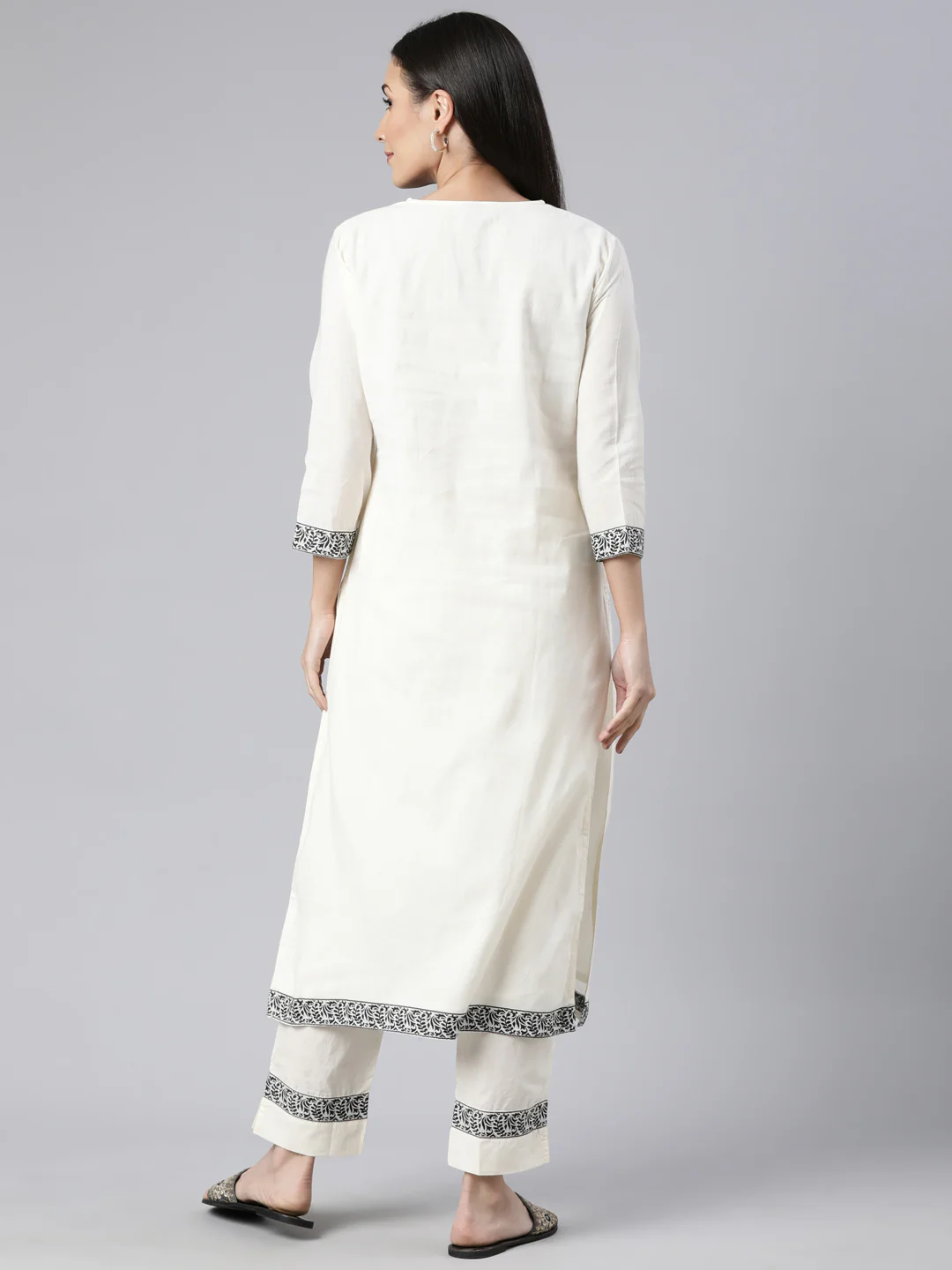 Neerus Cream Regular Straight Floral Kurta And  Trousers - Image 3