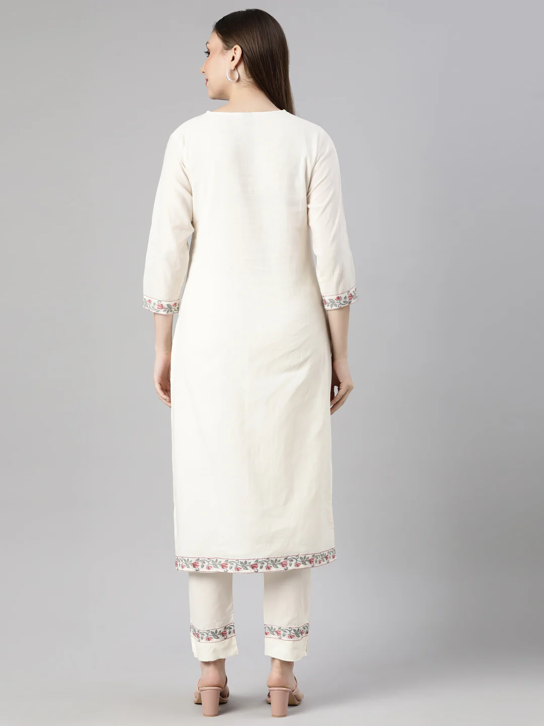 Neerus Cream Regular Straight Floral Kurta And  Trousers - Image 3