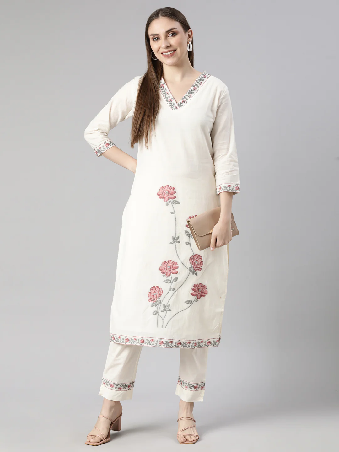 Neerus Cream Regular Straight Floral Kurta And  Trousers - Image 5