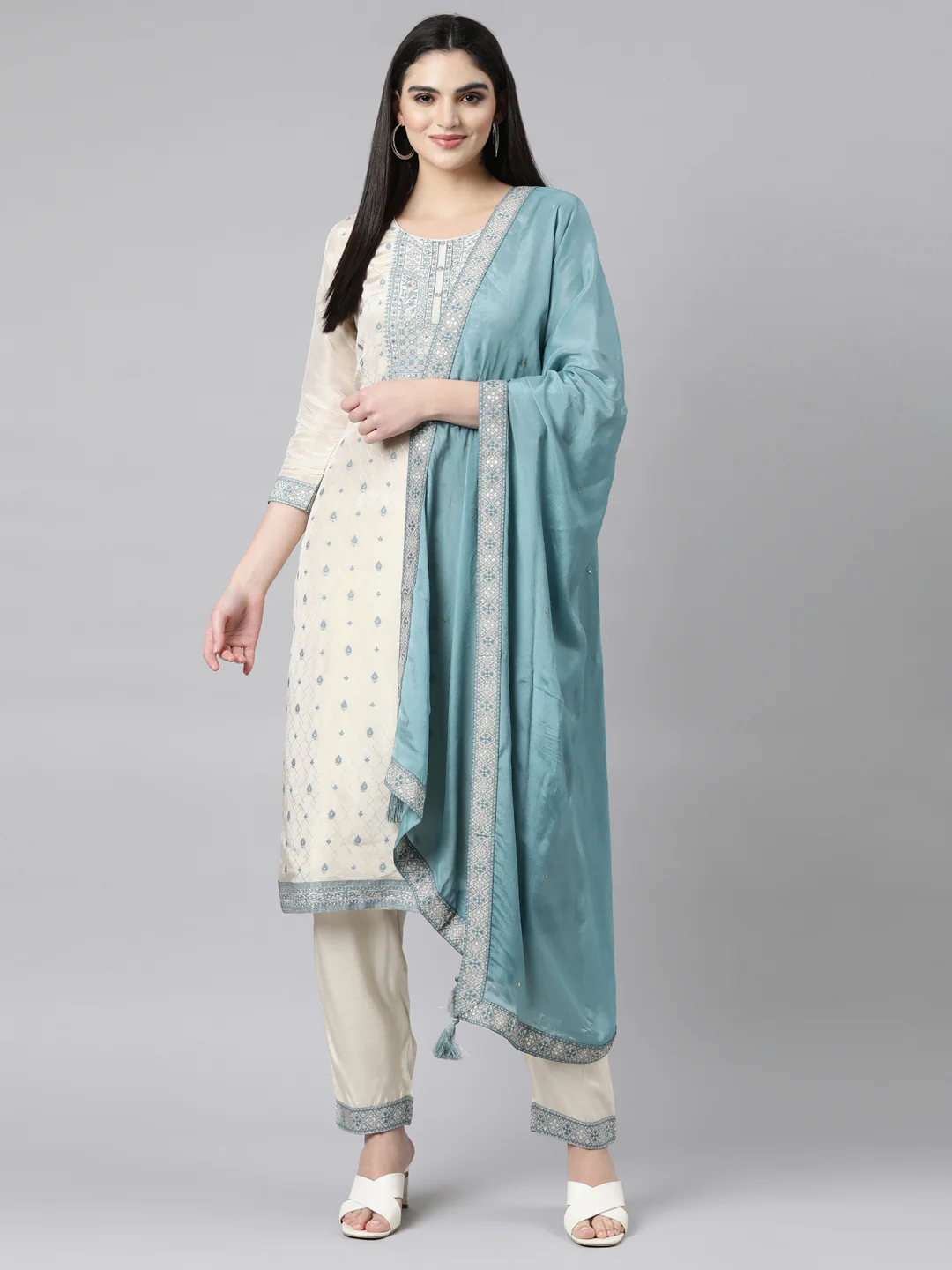 Neerus Cream Regular Straight Floral Kurta And Trousers With Dupatta - Image 5