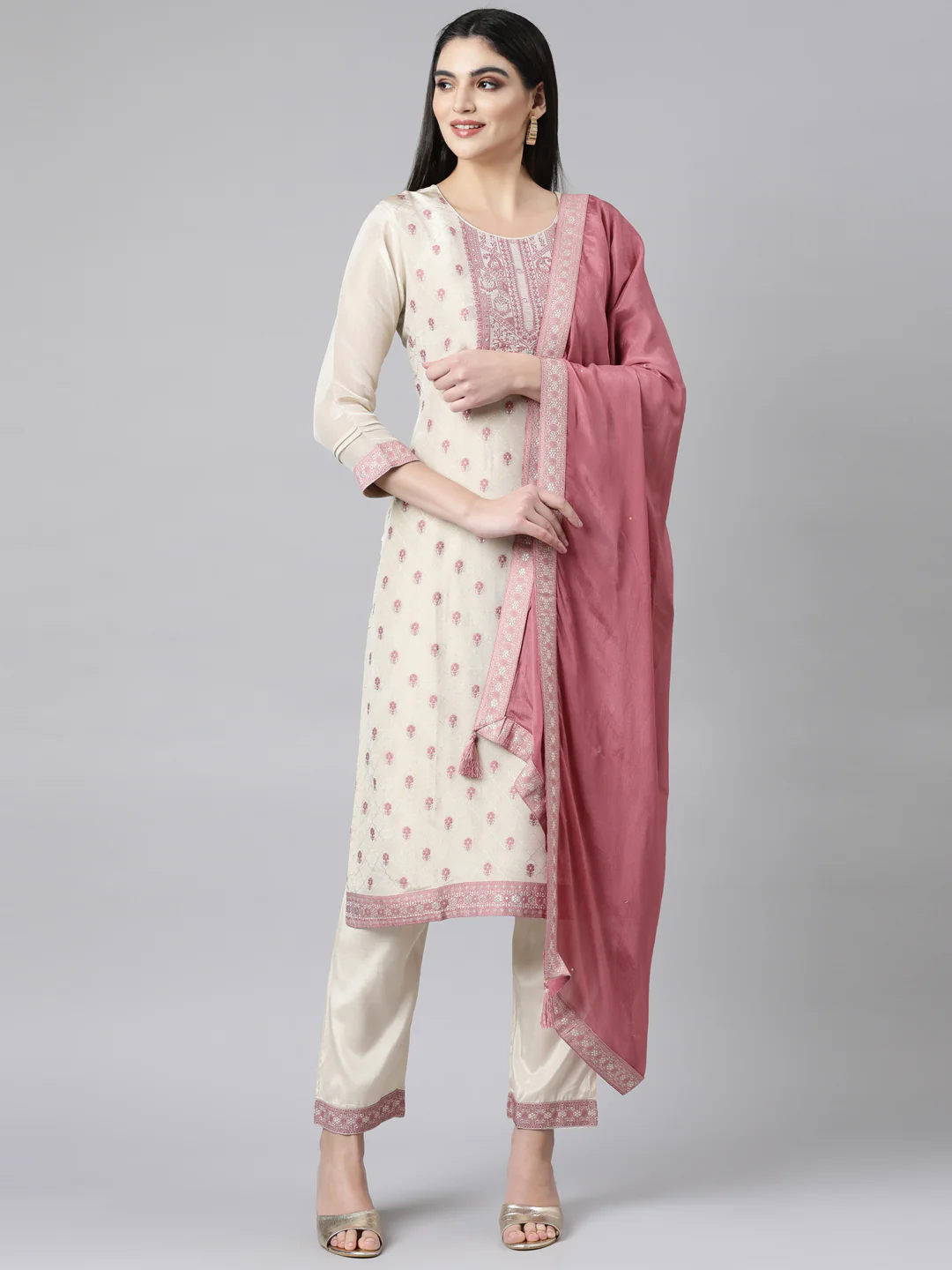 Neerus Cream Regular Straight Floral Kurta And Trousers With Dupatta