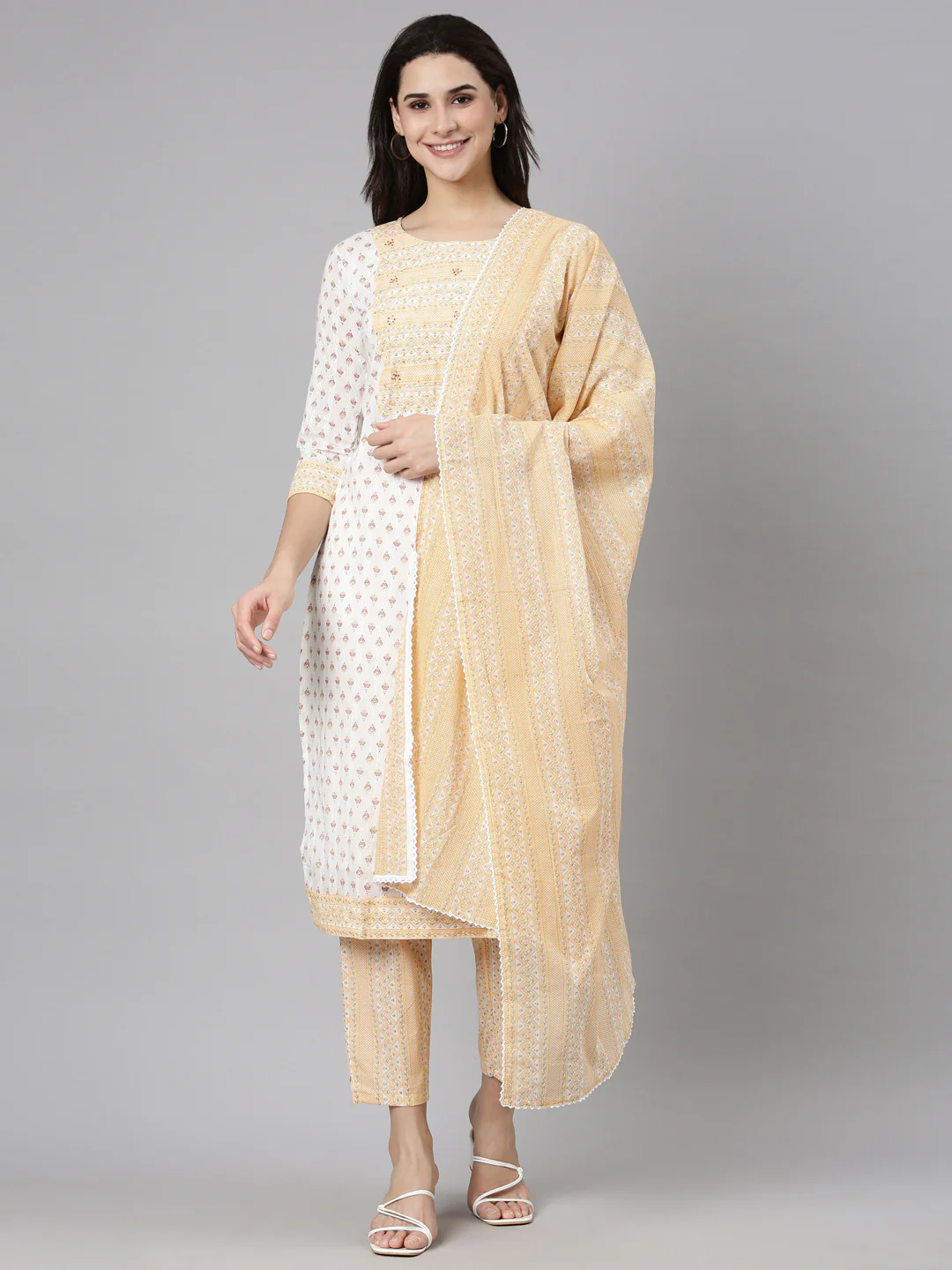Neerus Cream Regular Straight Floral Kurta And Trousers With Dupatta