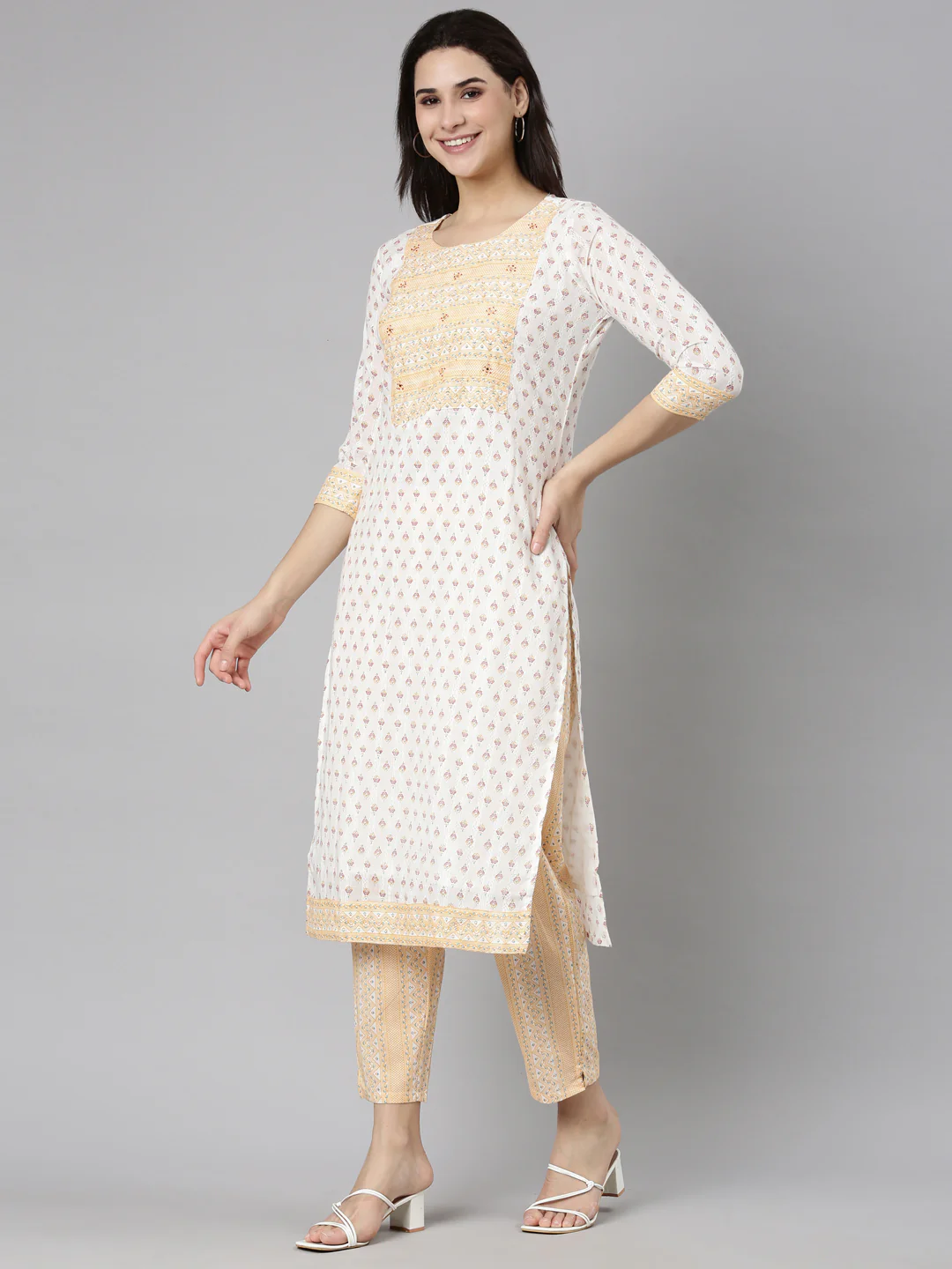 Neerus Cream Regular Straight Floral Kurta And Trousers With Dupatta - Image 2