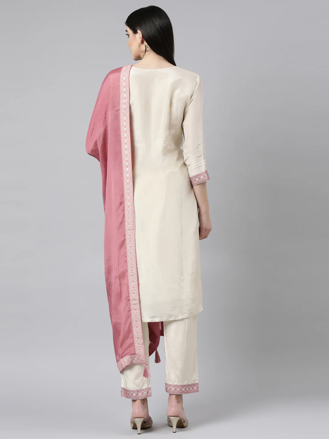 Neerus Cream Regular Straight Floral Kurta And Trousers With Dupatta - Image 3