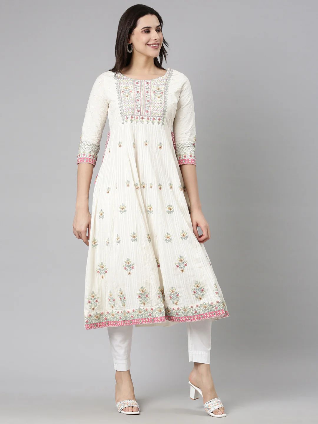 Neerus Cream Regular Straight Floral Kurta And  Trousers With Dupatta - Image 2