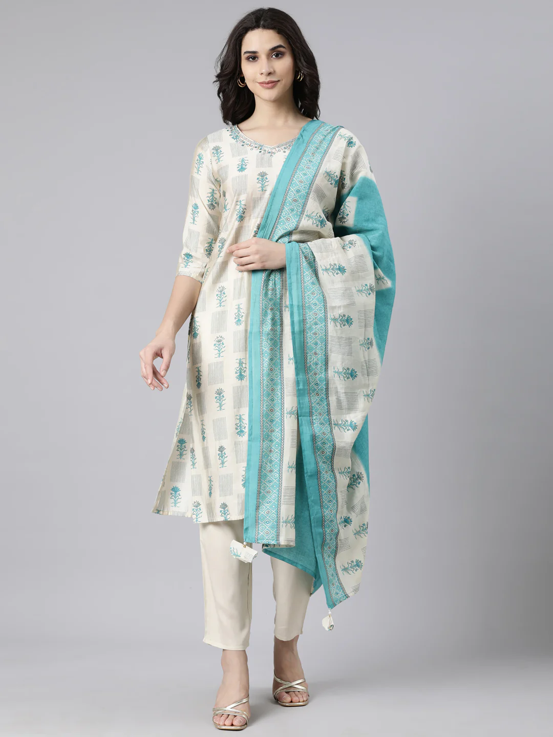 Neerus Cream Regular Straight Floral Kurta And Trousers With Dupatta