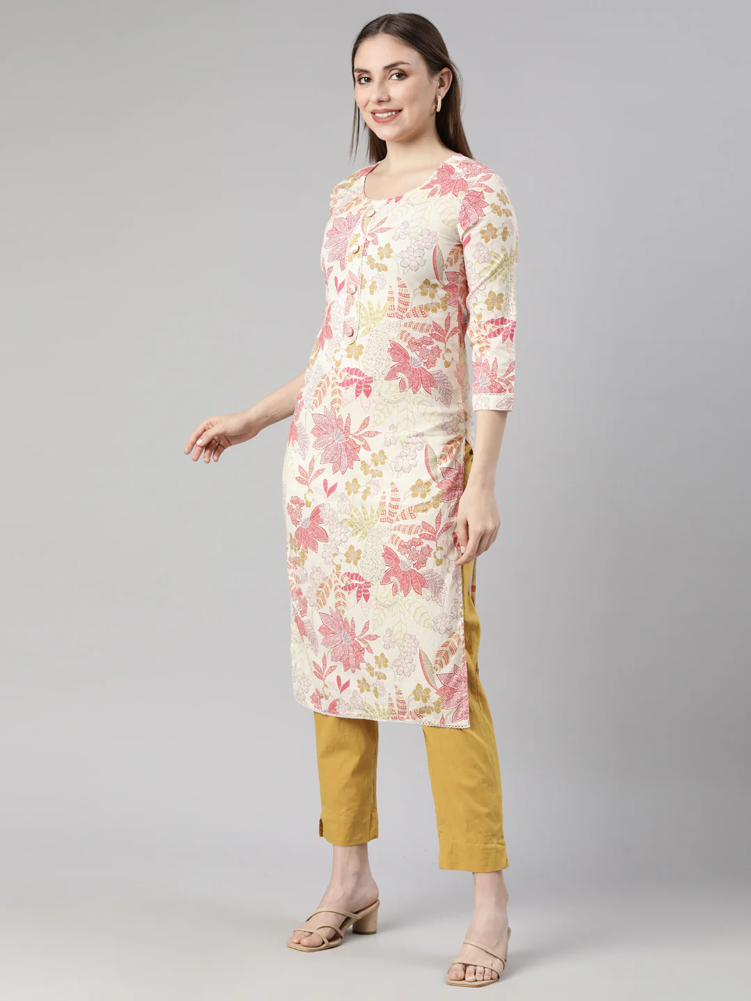 Neerus Cream Regular Straight Floral Kurta And  Trousers With Dupatta - Image 2
