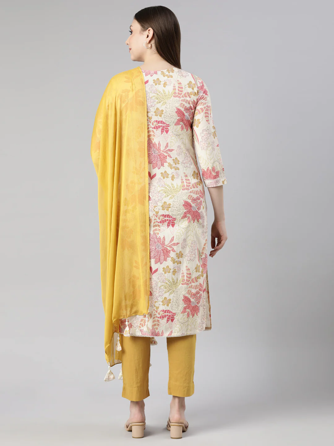 Neerus Cream Regular Straight Floral Kurta And  Trousers With Dupatta - Image 3