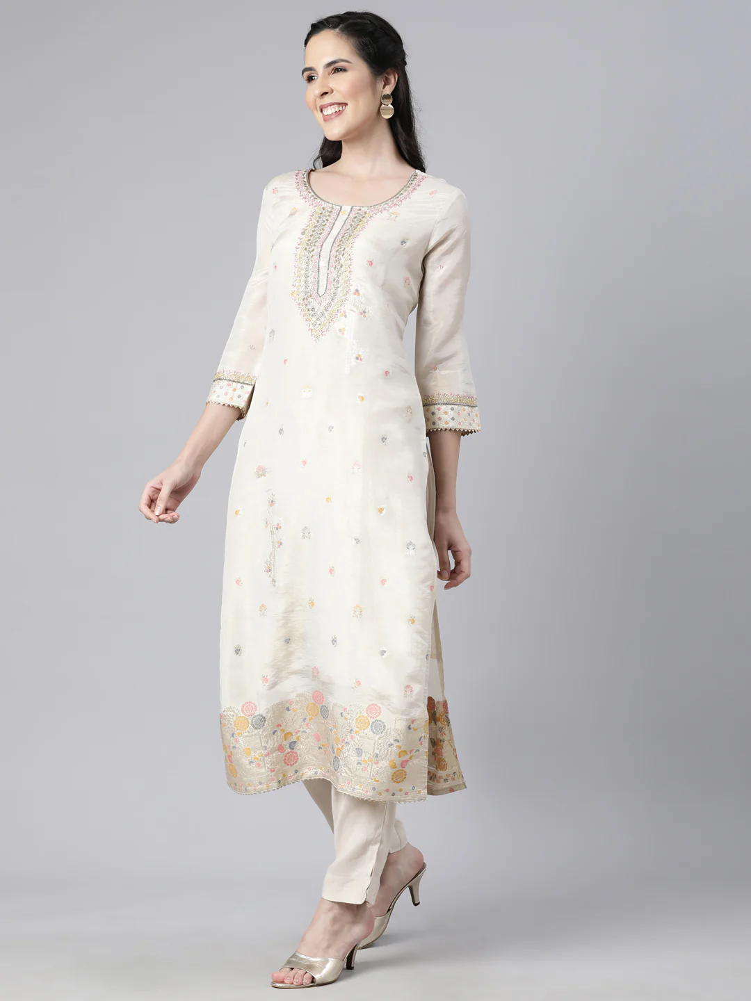 Neerus Cream Regular Straight Floral Kurta And  Trousers With Dupatta - Image 2