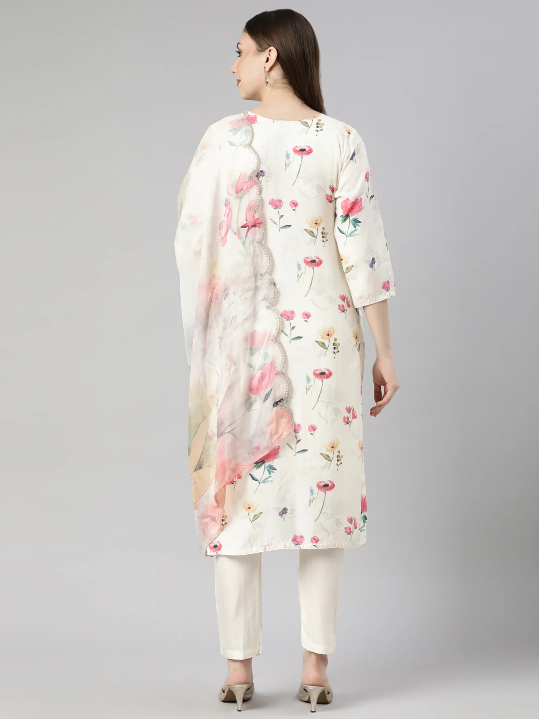 Neerus Cream Regular Straight Floral Kurta And  Trousers With Dupatta - Image 3