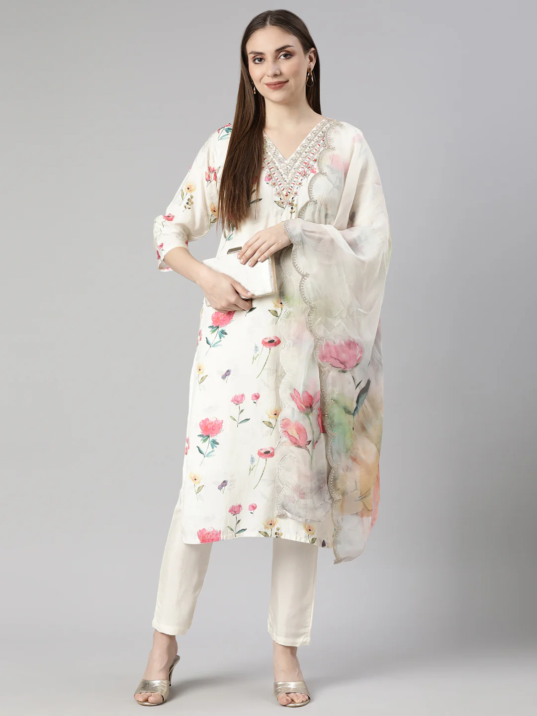 Neerus Cream Regular Straight Floral Kurta And  Trousers With Dupatta - Image 4