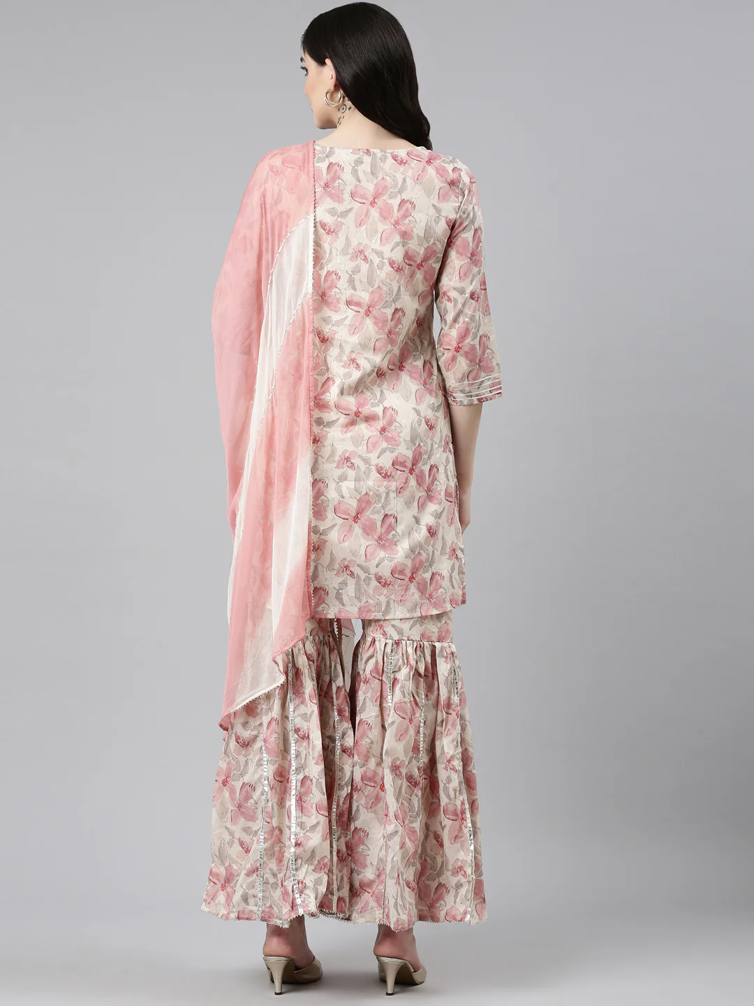 Neerus Cream Regular Straight Printed Kurta And Sharara With Dupatta - Image 3