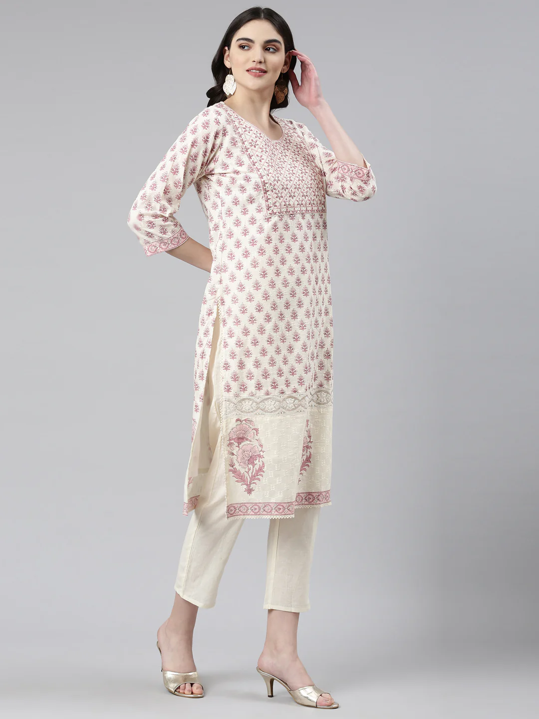 Neerus Cream Regular Straight Printed Readymade suits - Image 2