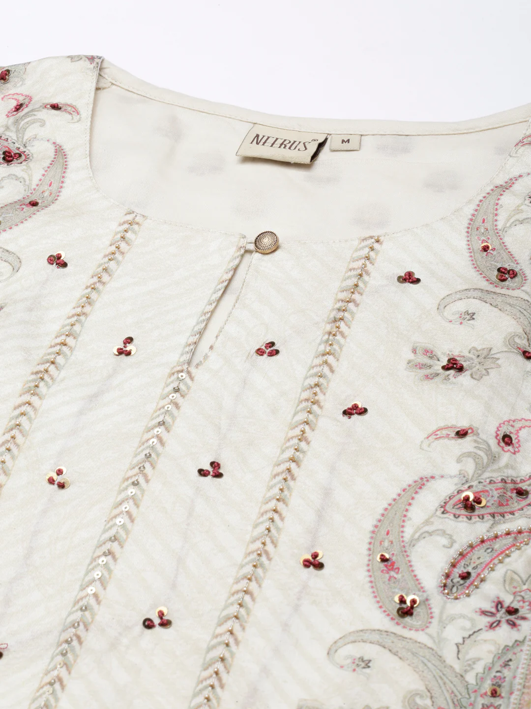 Neerus Cream Regular Straight Printed Kurta and Trousers With Dupatta - Image 4