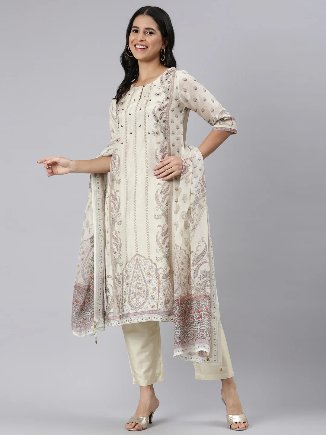 Neerus Cream Regular Straight Printed Kurta and Trousers With Dupatta - Image 5