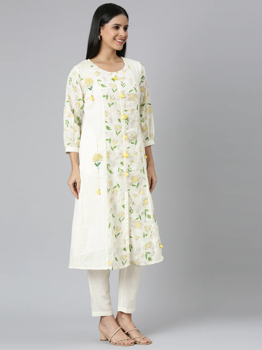 Neerus Cream Regular Straight Printed Kurta and Trousers With Dupatta - Image 2