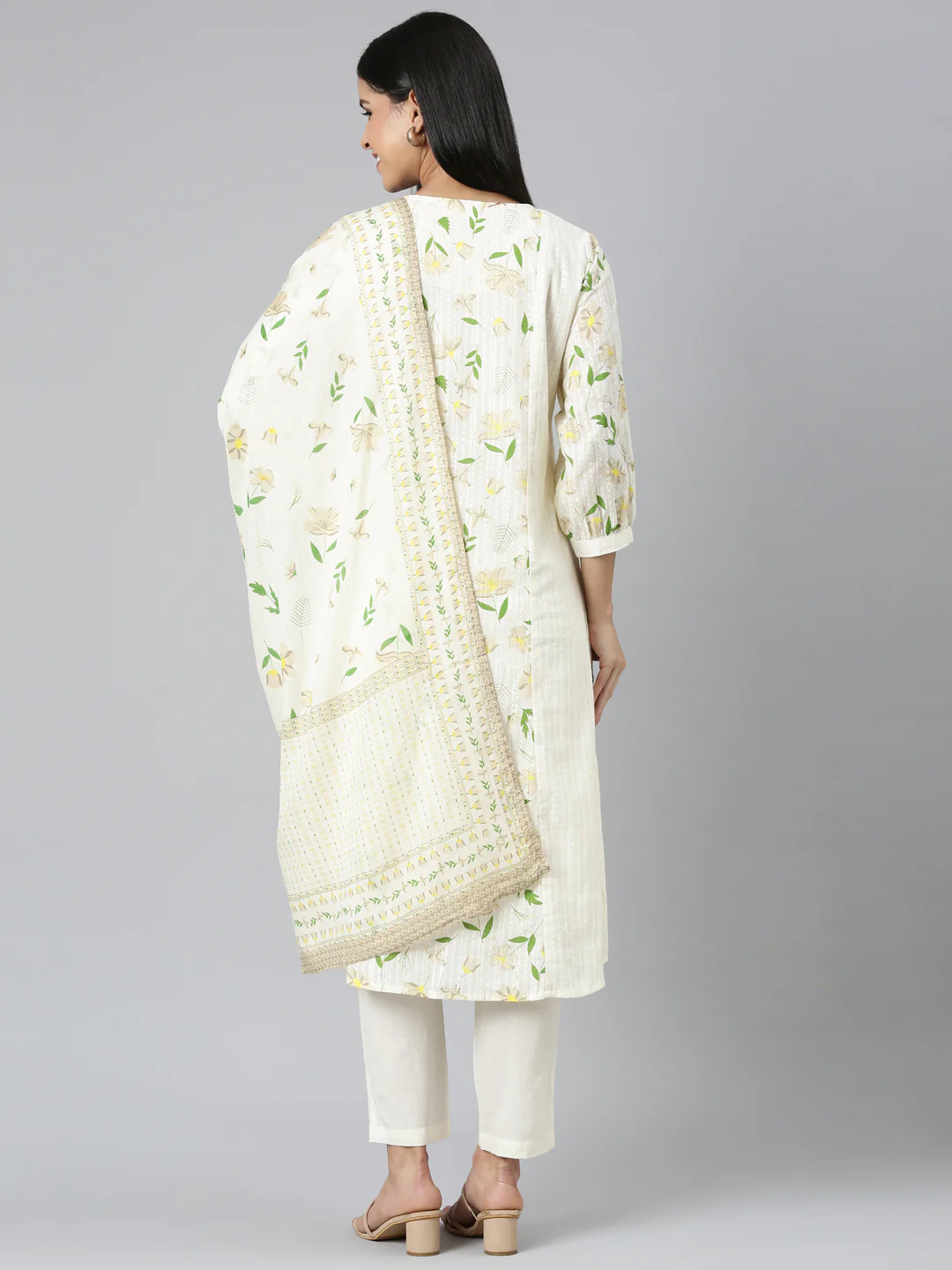Neerus Cream Regular Straight Printed Kurta and Trousers With Dupatta - Image 3