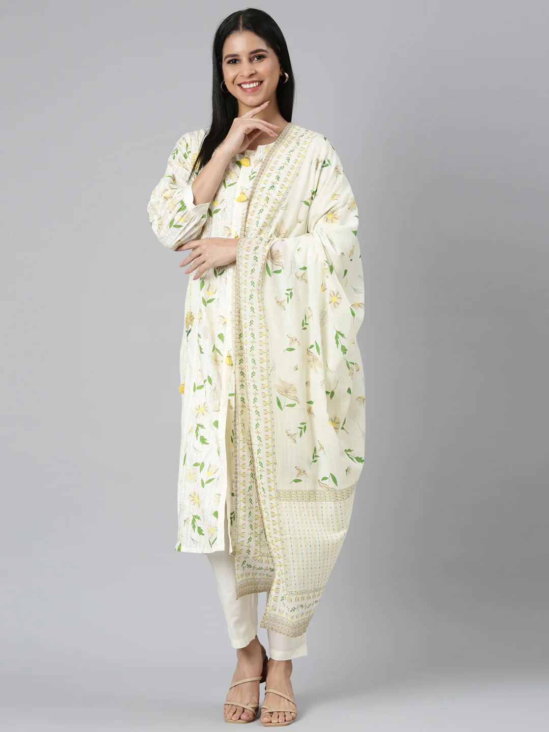 Neerus Cream Regular Straight Printed Kurta and Trousers With Dupatta - Image 5