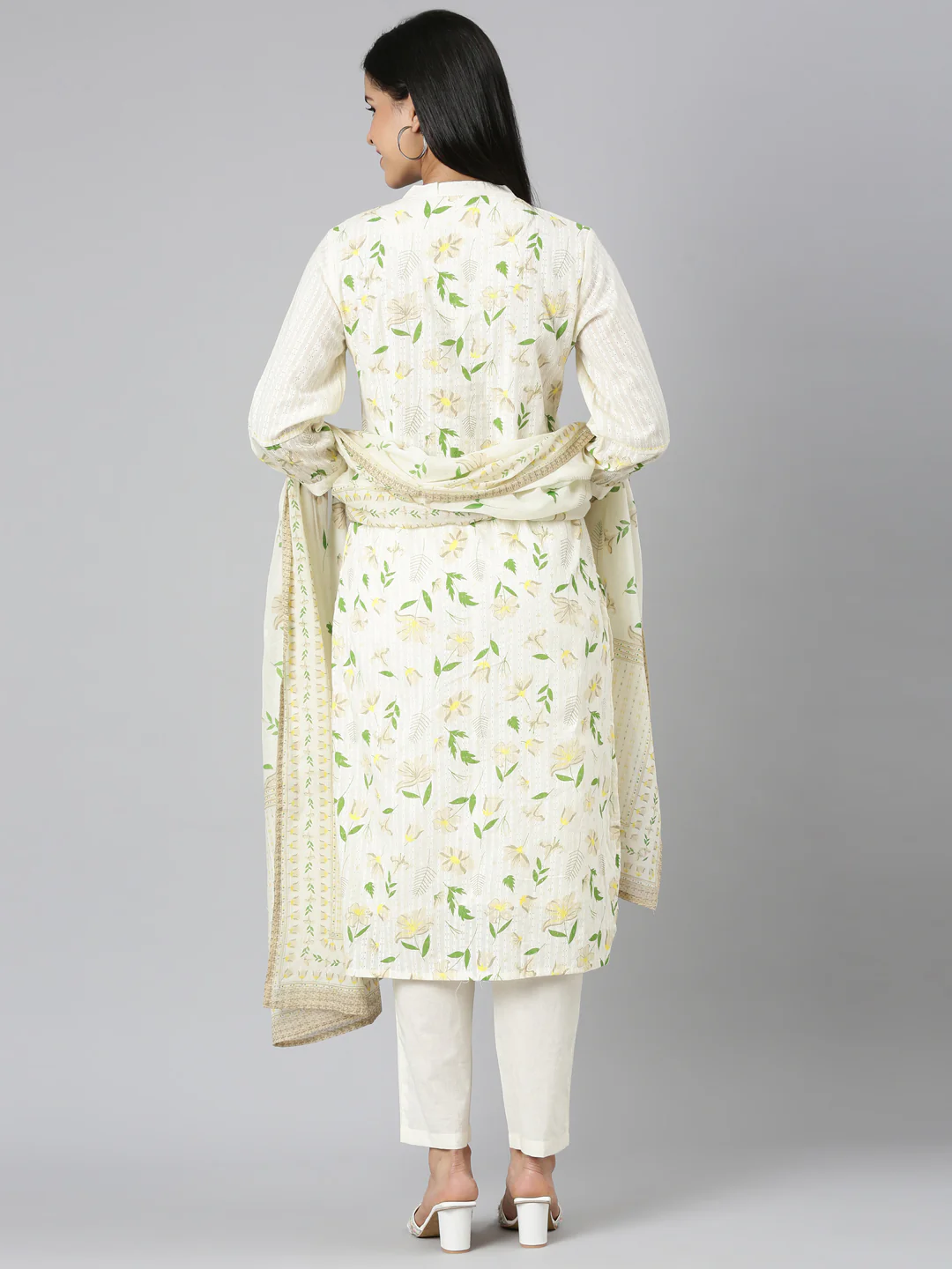 Neerus Cream Regular Straight Printed Kurta and Trousers With Dupatta - Image 3