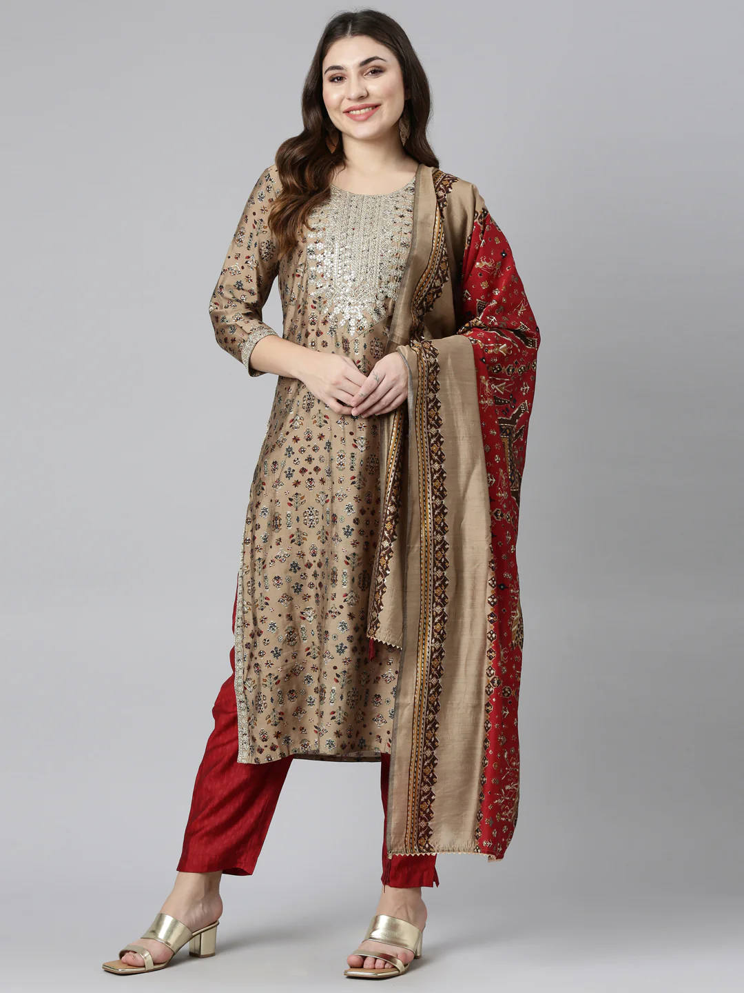 Neerus Cream Regular Straight Printed Readymade suits