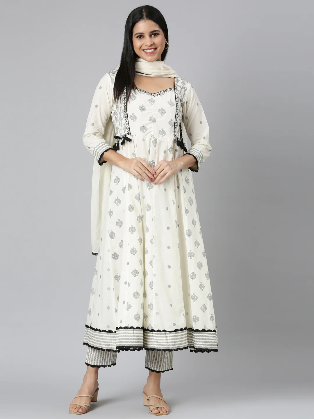 Neerus Cream Regular Straight Printed Kurta and Trousers With Dupatta - Image 5