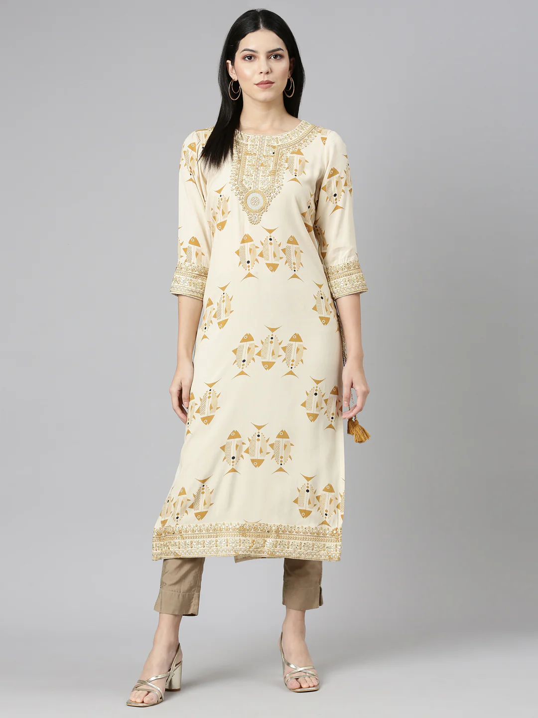 Neerus Cream Regular Straight Printed Kurta - Image 6