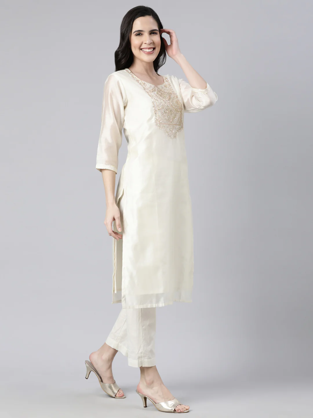 Neerus Cream Regular Straight Solid Kurta And  Trousers With Dupatta - Image 2
