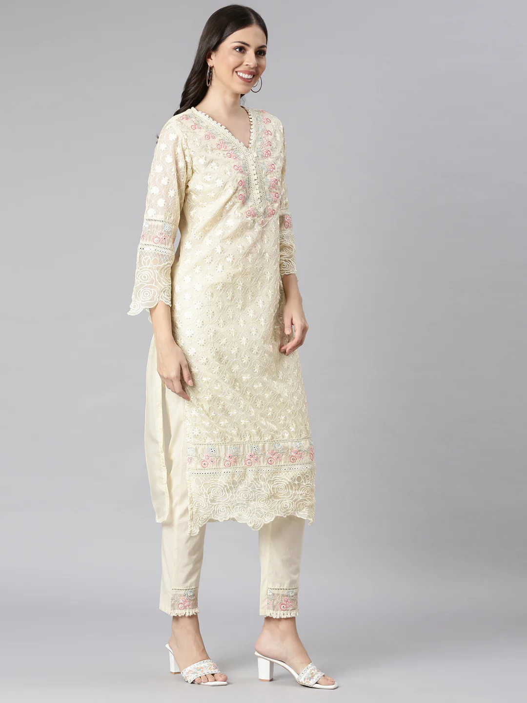 Neerus Cream Self Design Straight Kurta and Trousers With Dupatta - Image 2
