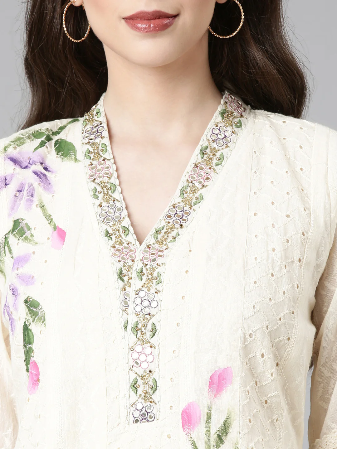 Neerus Cream Solid Anarkali Kurta and Trousers With Dupatta - Image 2