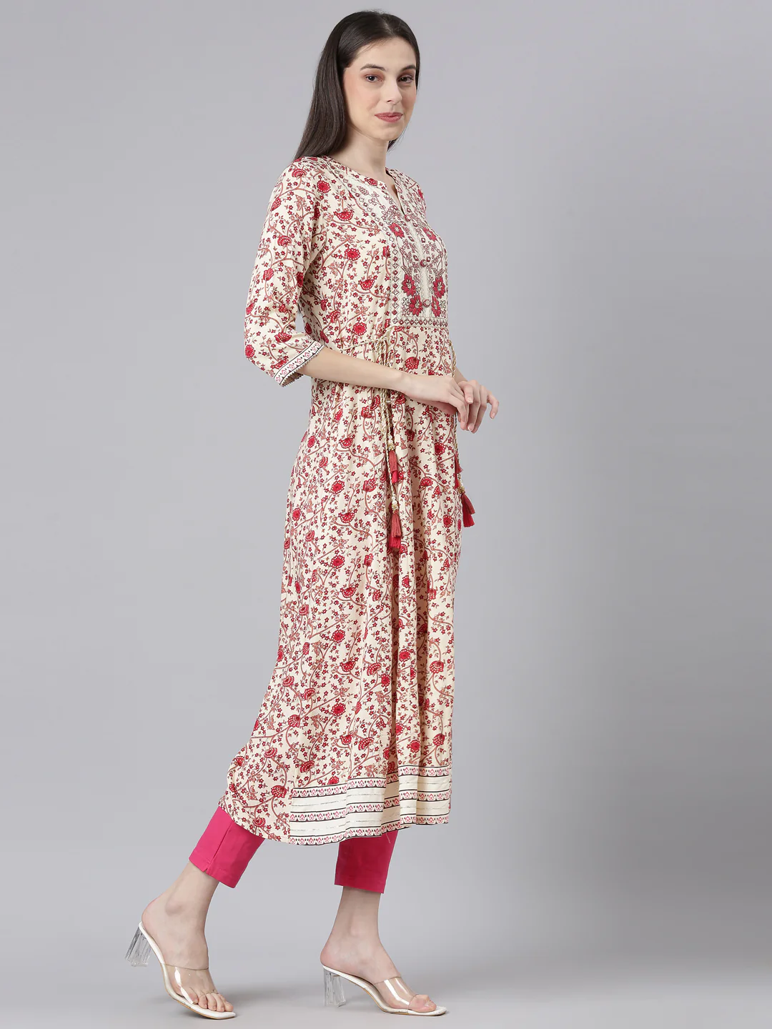 Neerus Cream Straight Casual Floral Dresses - Image 2