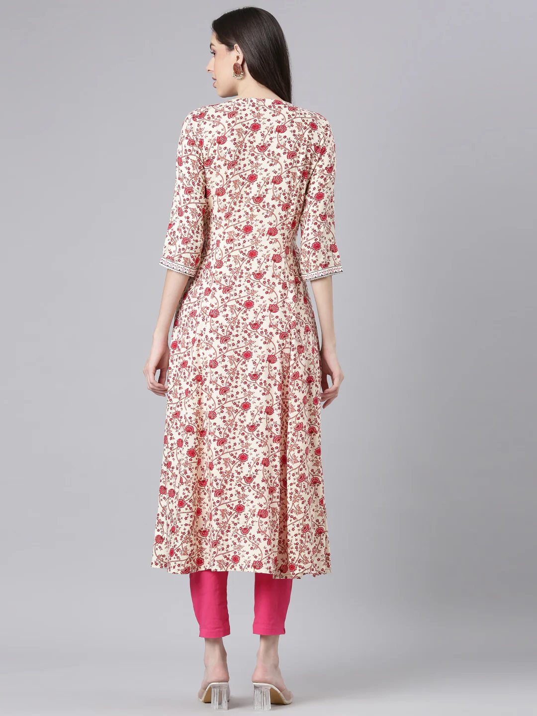 Neerus Cream Straight Casual Floral Dresses - Image 3