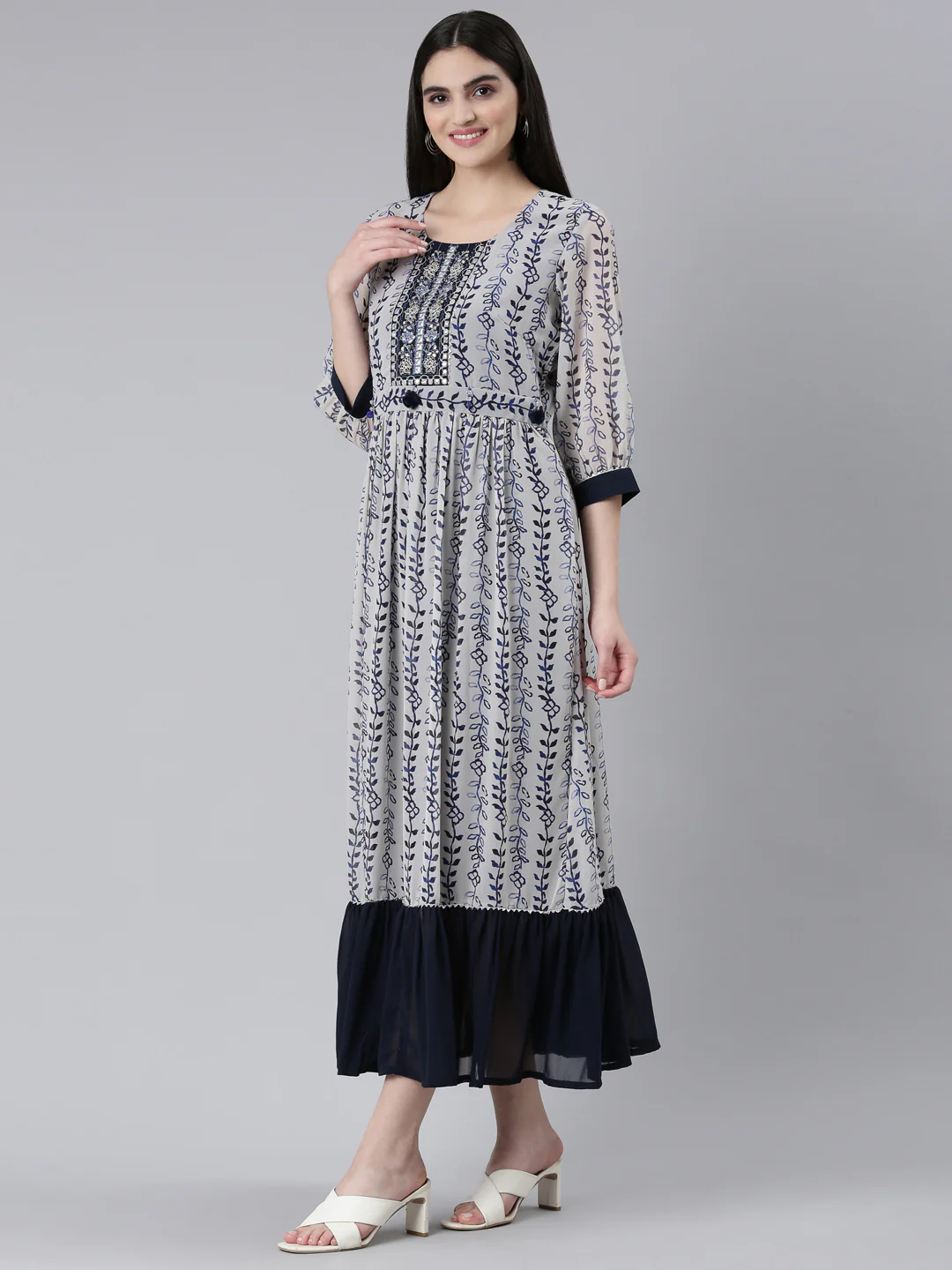 Neerus Cream Straight Casual Printed Dress - Image 2