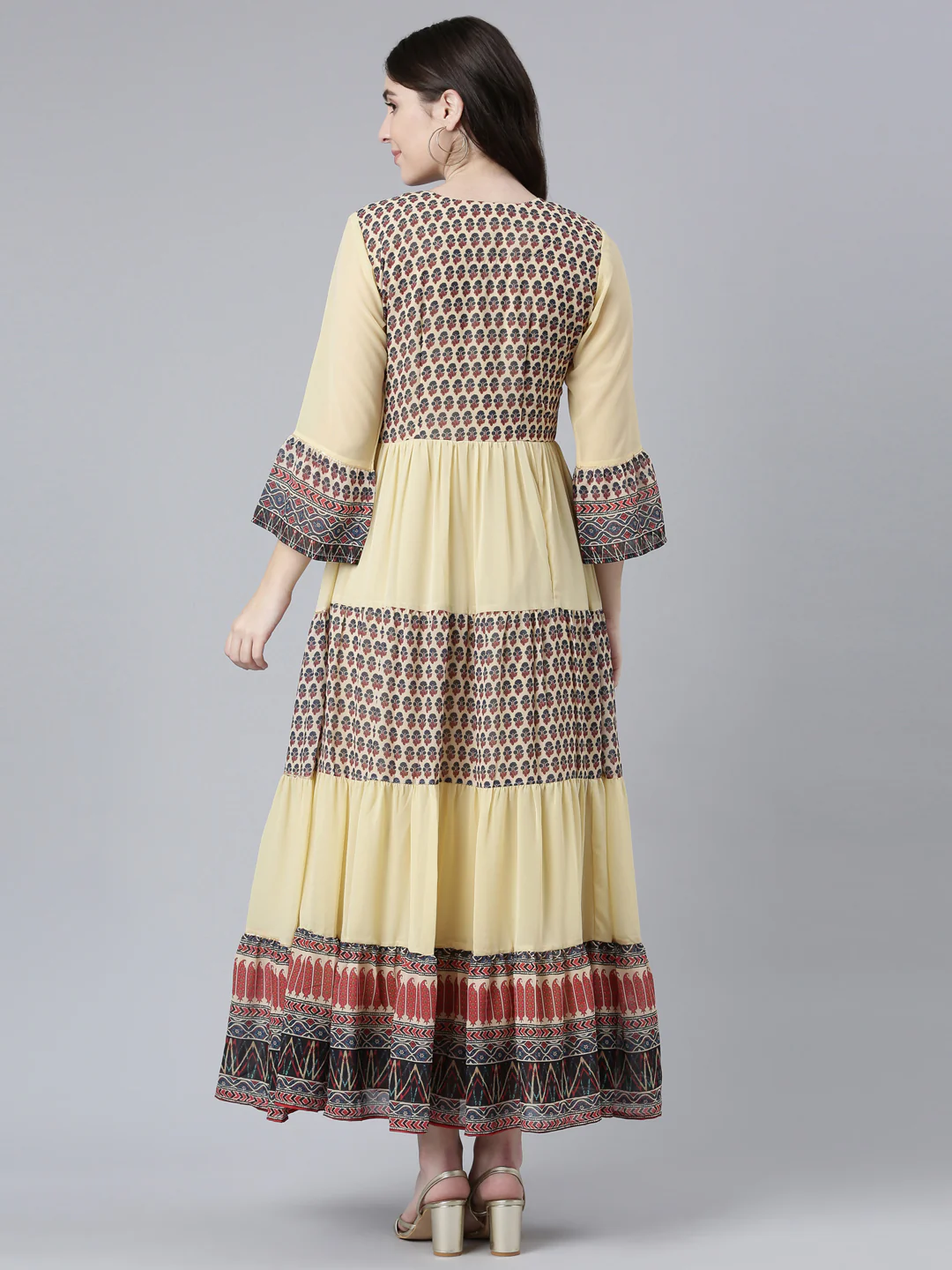 Neerus Cream Straight Casual Printed Dress - Image 3