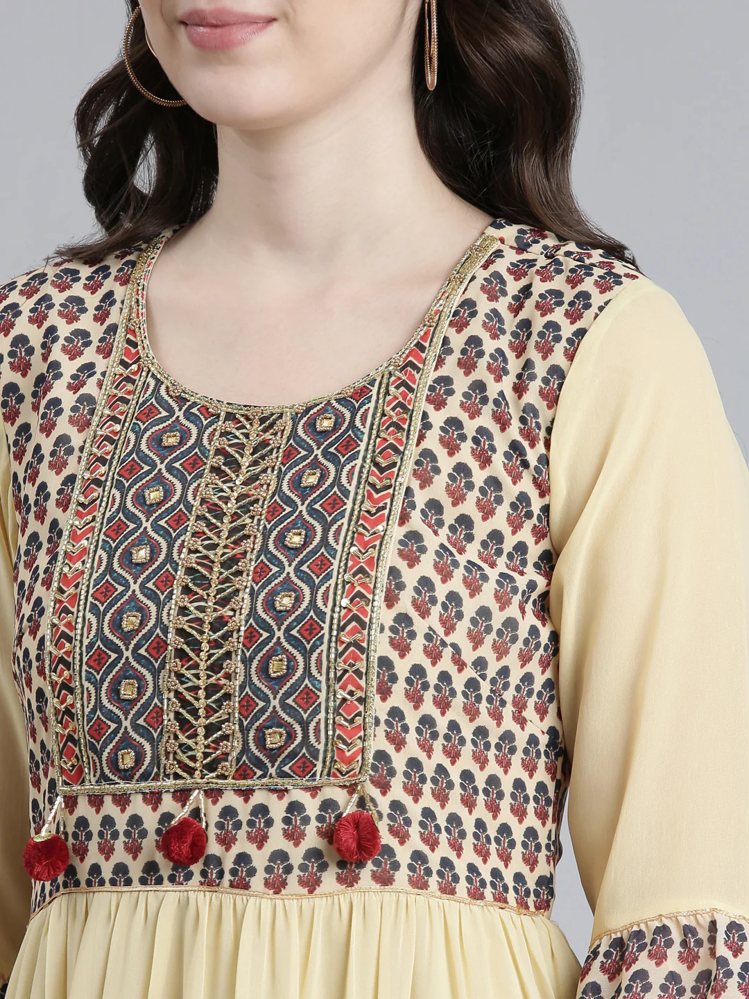Neerus Cream Straight Casual Printed Dress - Image 4