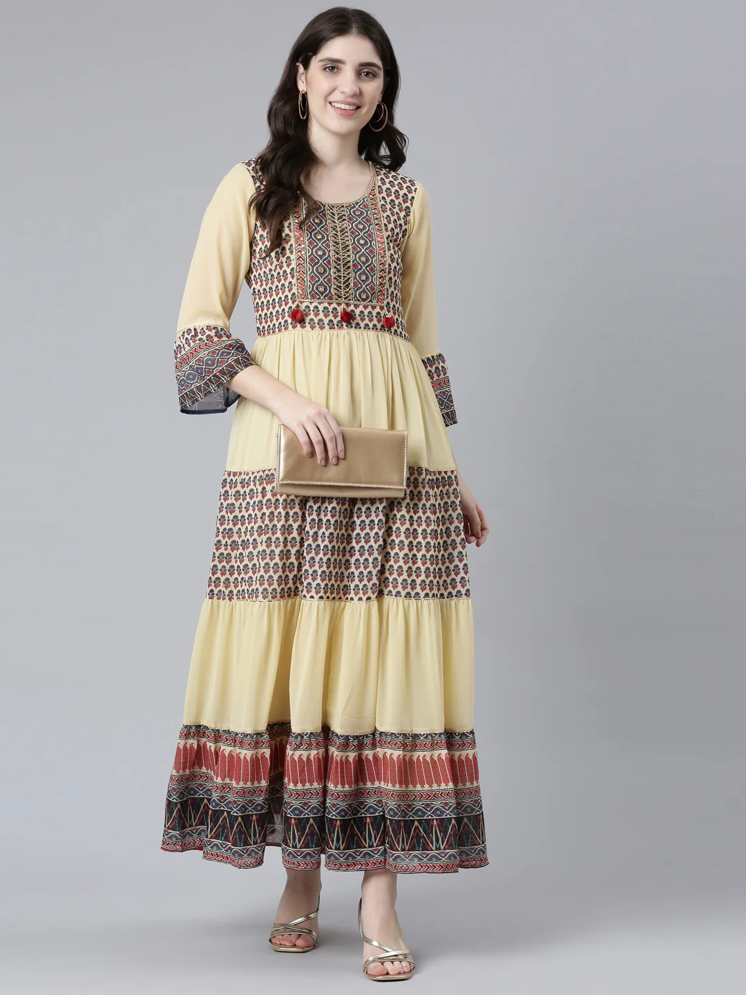 Neerus Cream Straight Casual Printed Dress - Image 5
