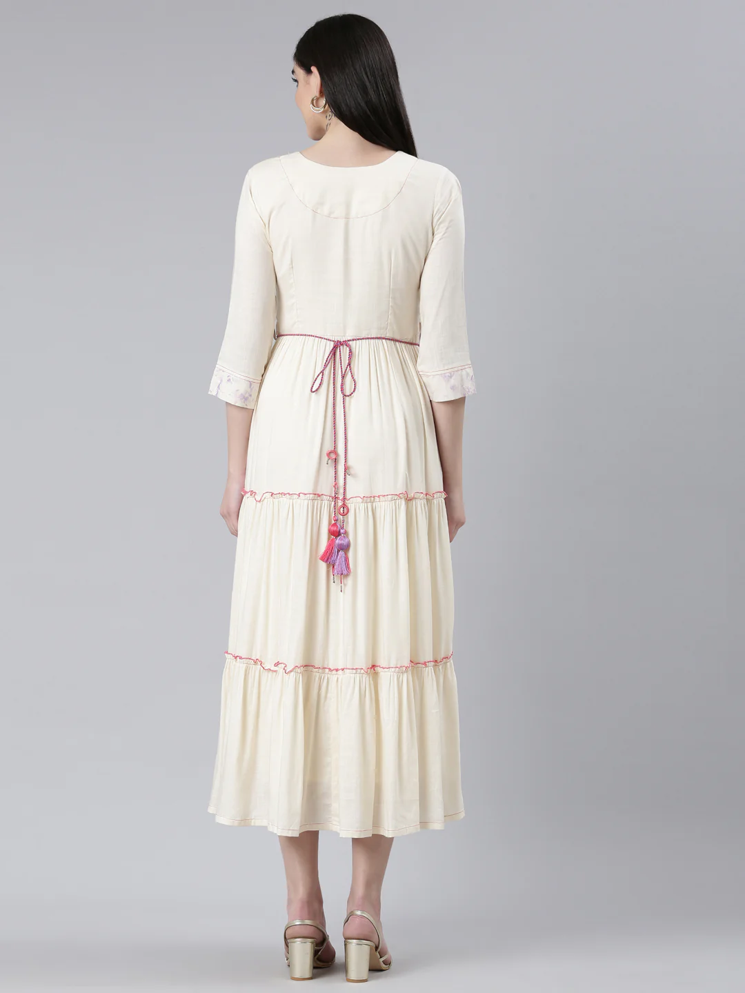 Neerus Cream Straight Casual Printed Dress - Image 3