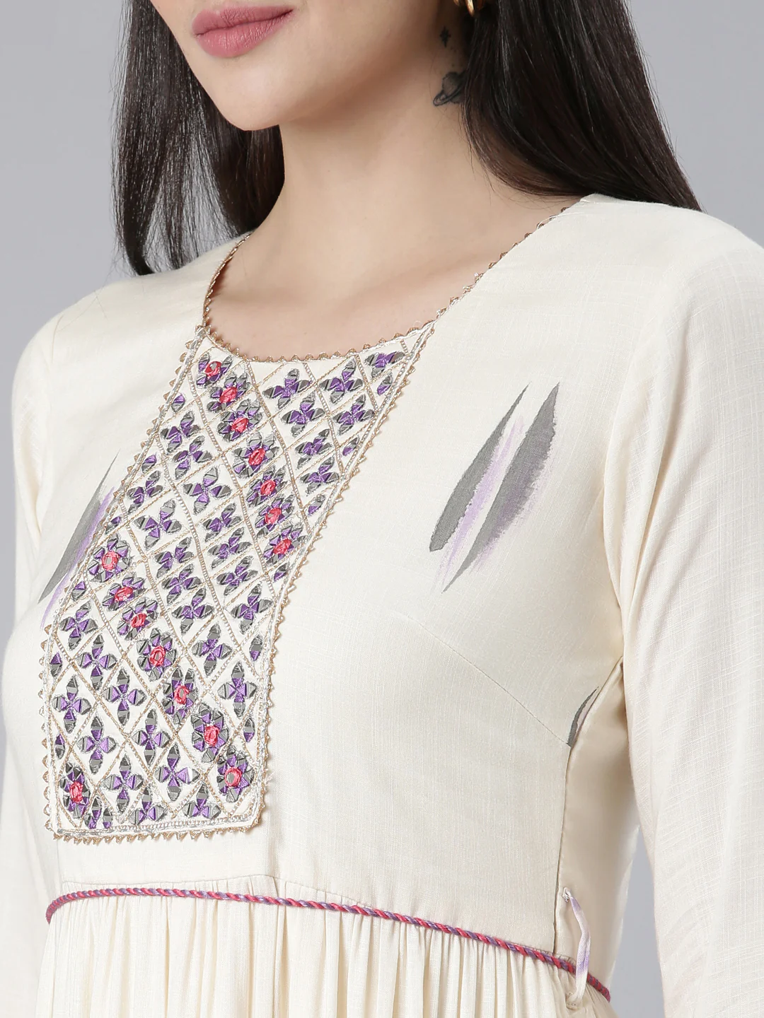 Neerus Cream Straight Casual Printed Dress - Image 4