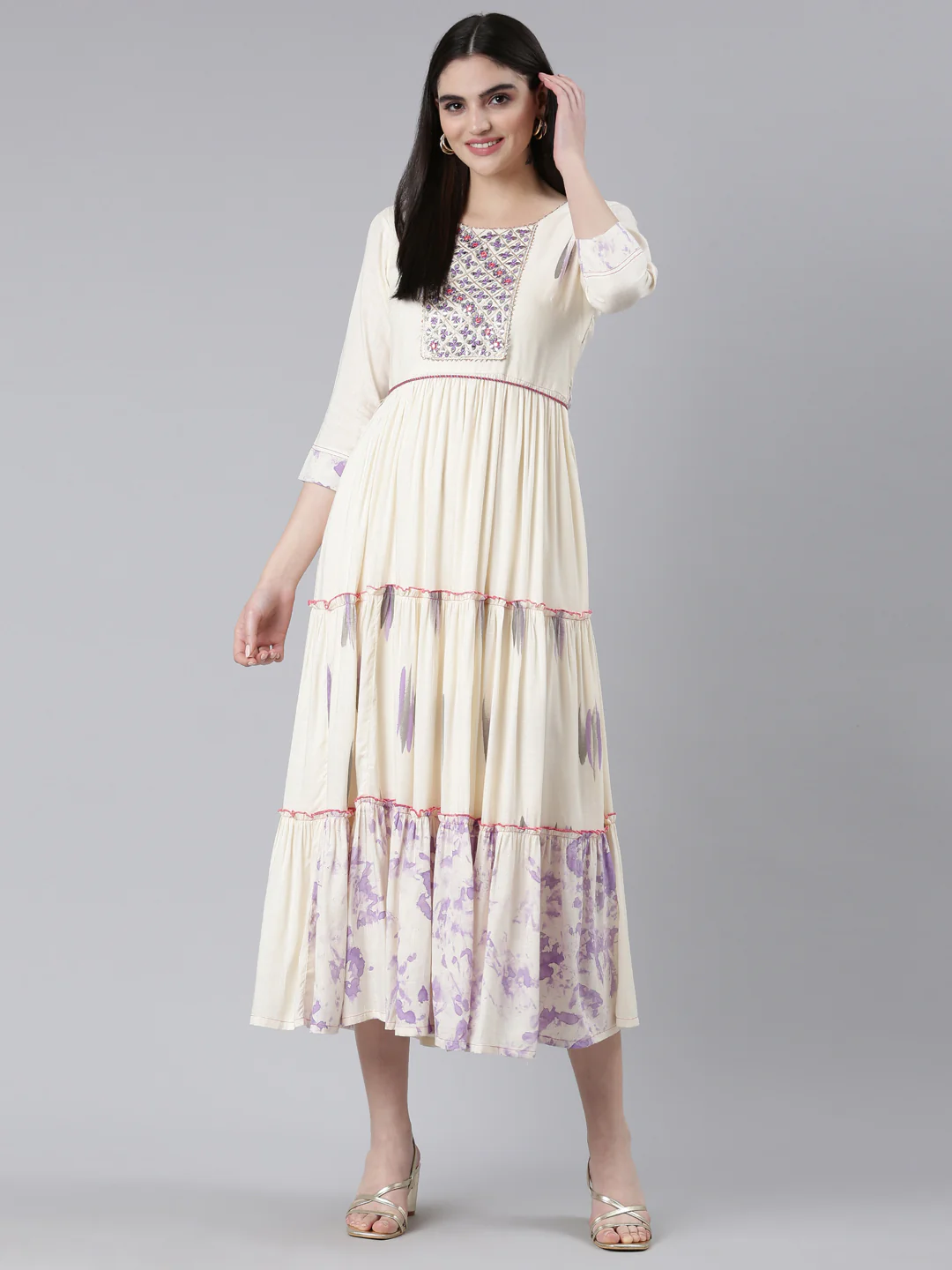 Neerus Cream Straight Casual Printed Dress - Image 5