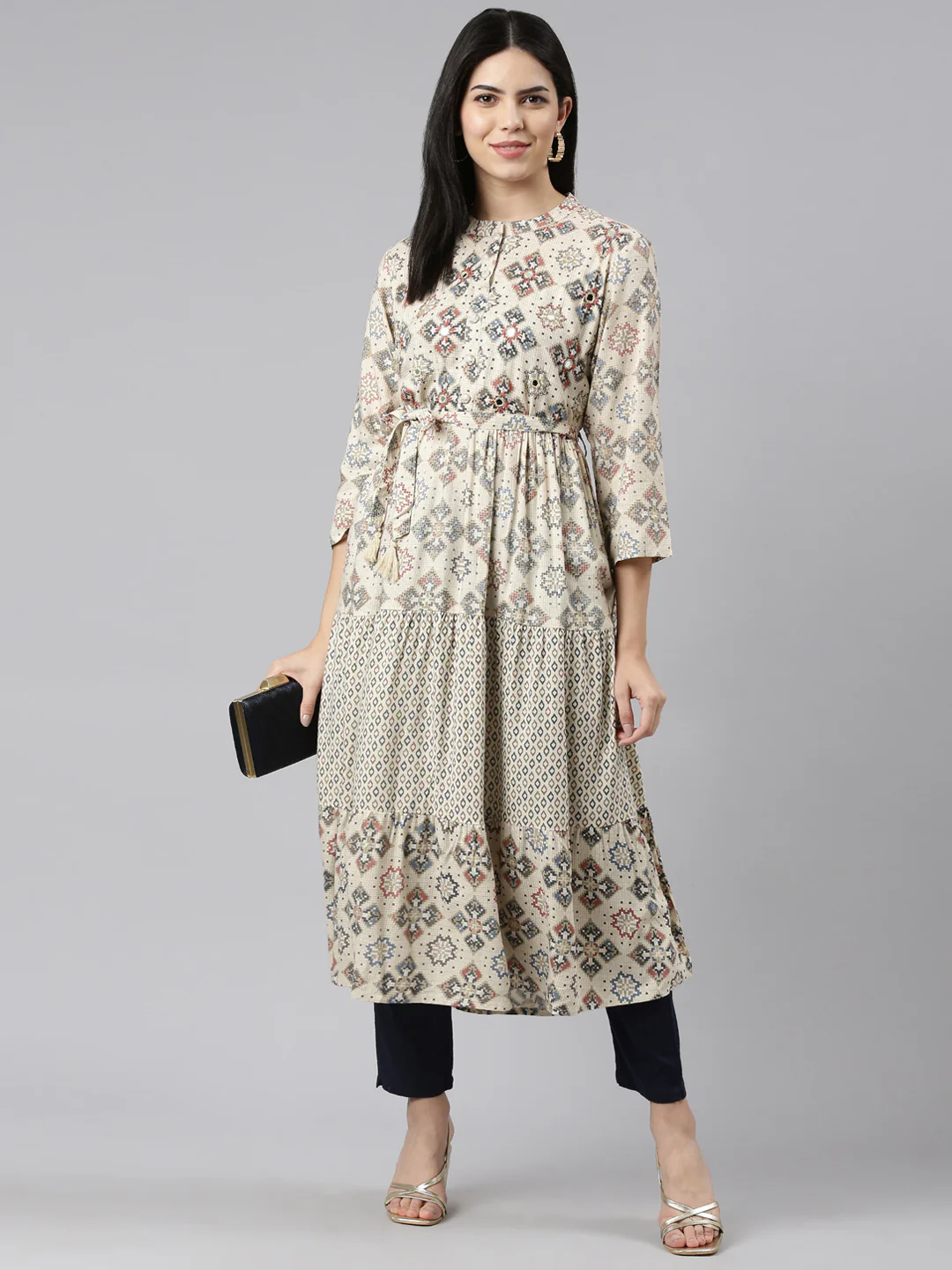 Neerus Cream Straight Casual Printed Maxi Dresses - Image 5