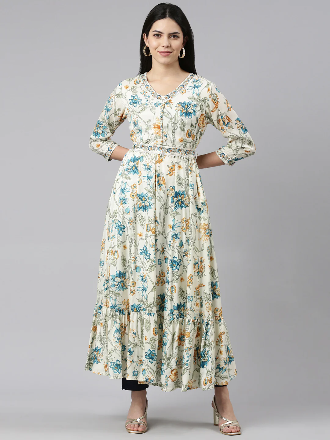 Neerus Cream Straight Casual Printed Maxi Dresses
