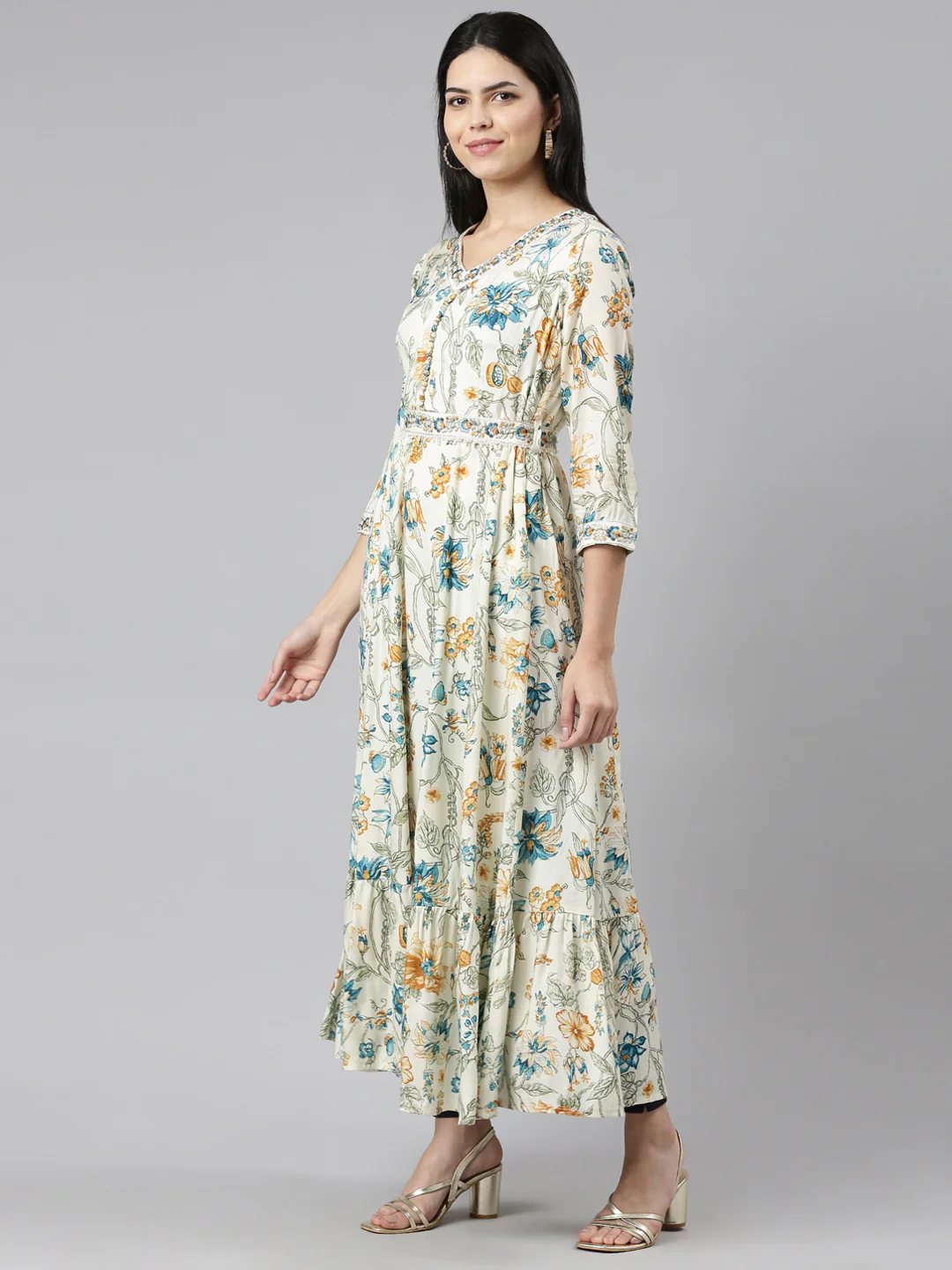 Neerus Cream Straight Casual Printed Maxi Dresses - Image 2