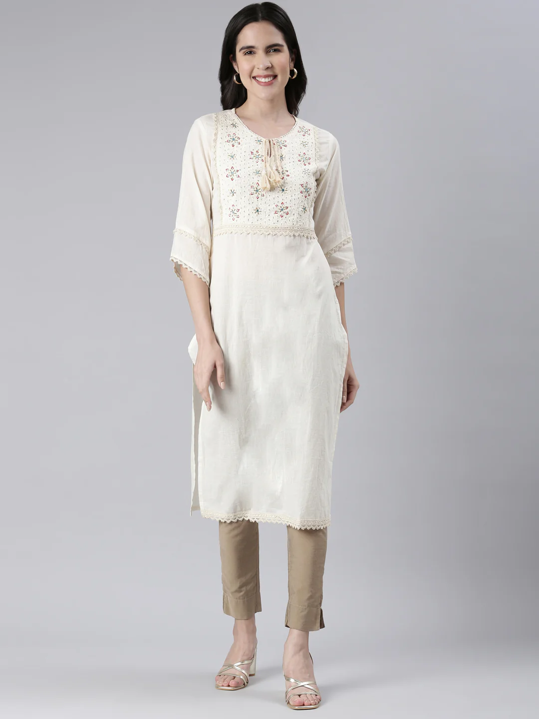 Neerus Cream Straight Solid Cotton Kurta