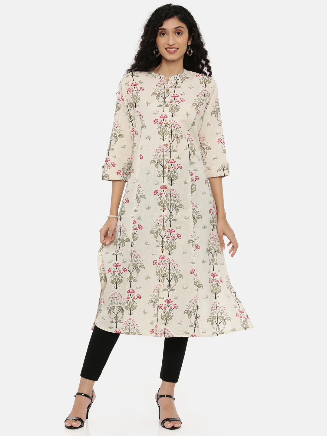 Neerus Ecru Printed A Line Kurta