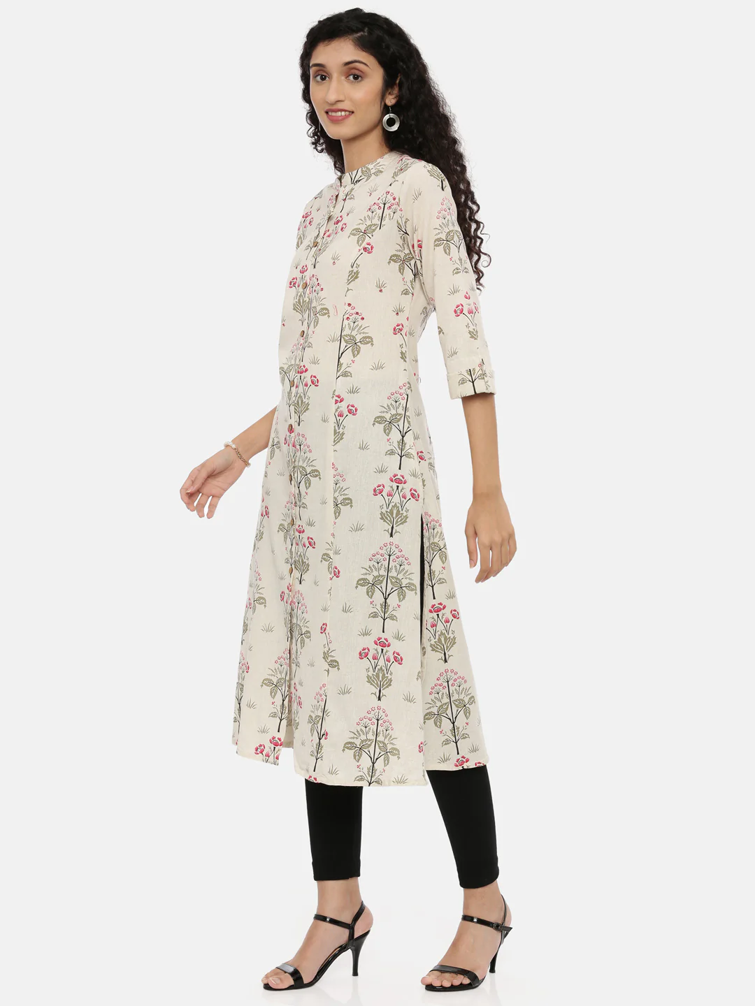Neerus Ecru Printed A Line Kurta - Image 3
