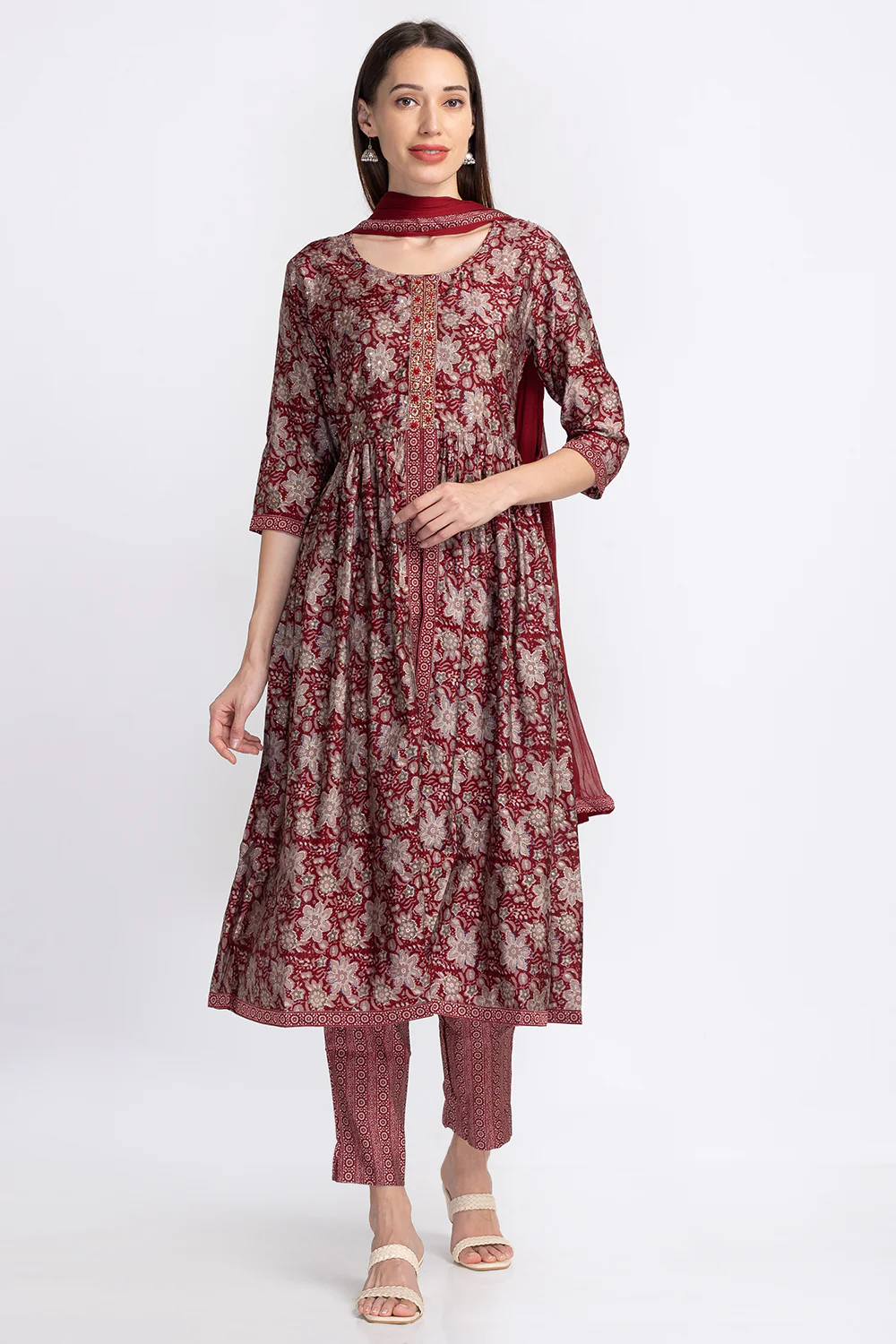 Neerus Embroidered A-Line Kurta with Trousers With Dupatta - Image 2