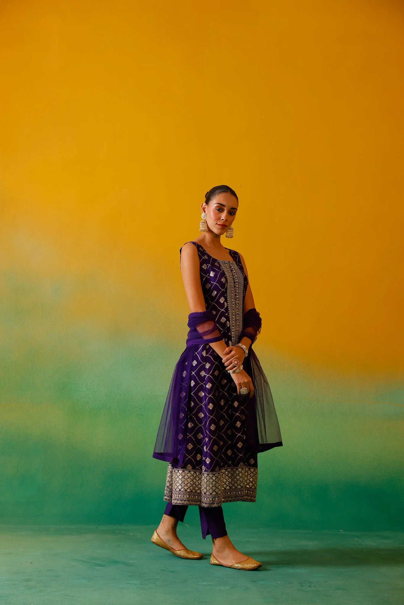Neerus Purple Embroidery Banaras Fabric Kurta and Trouser with Dupatta - Image 3