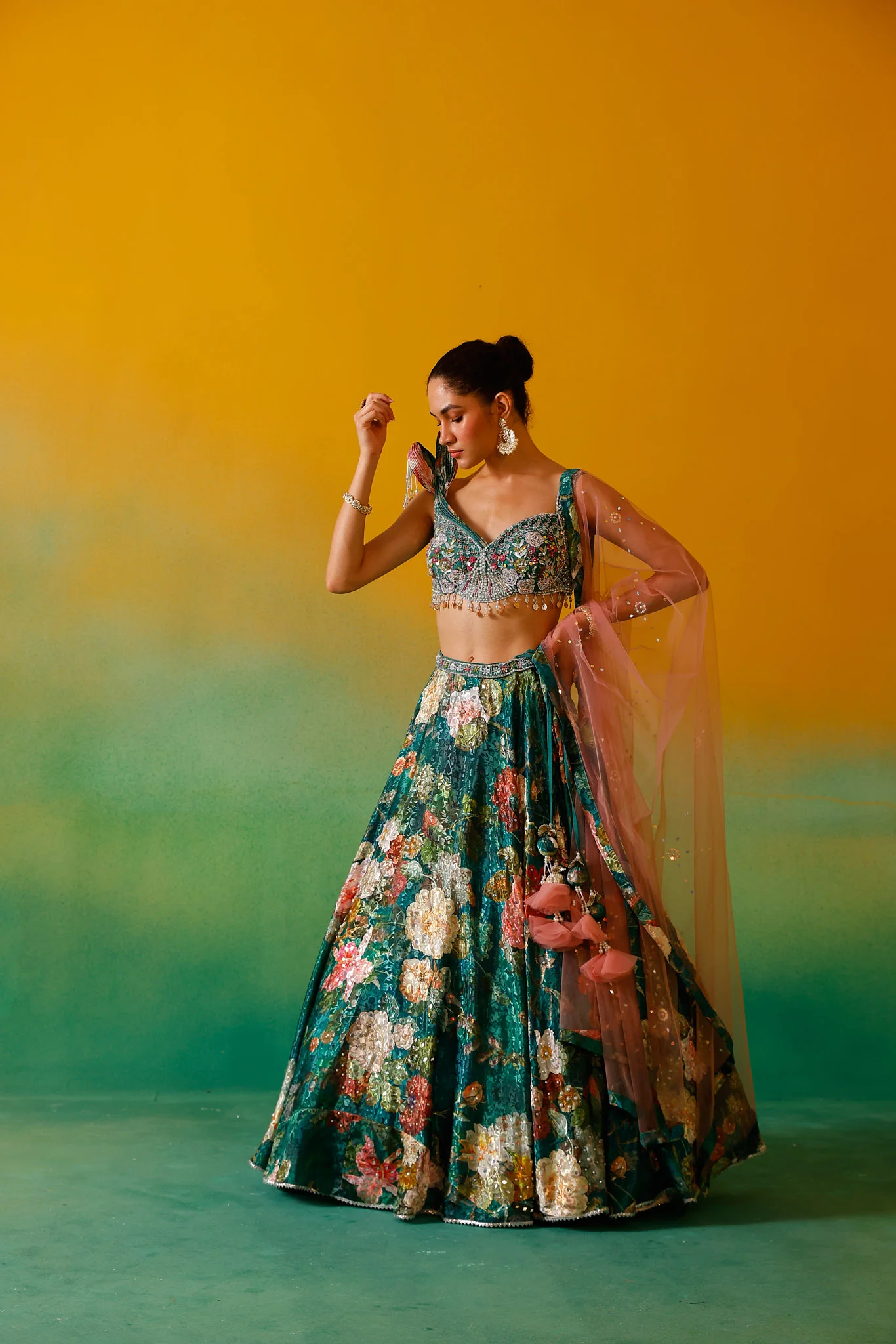 Neerus Bottle Green Embroidery work Satin Fabric Ghagra Set - Image 4