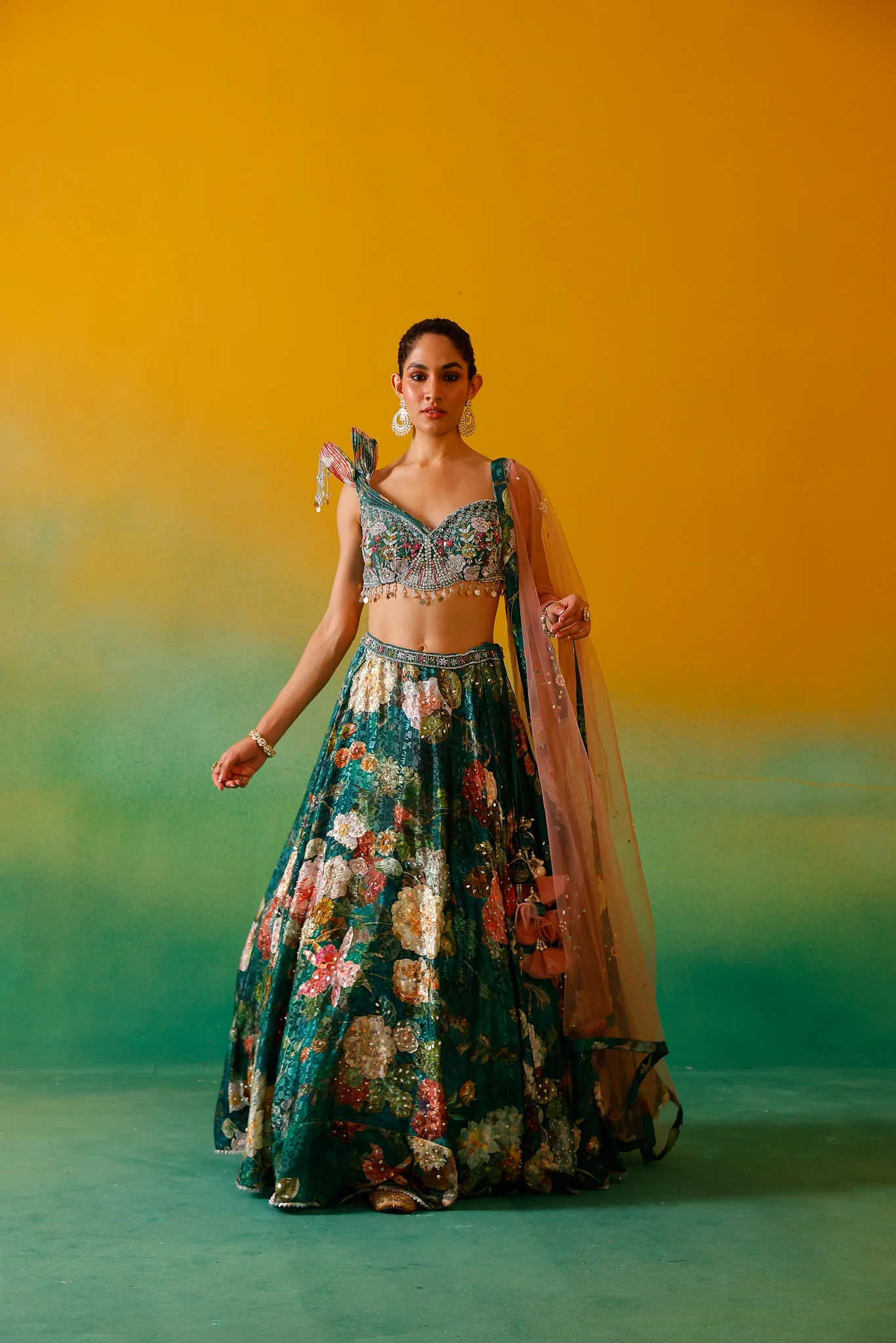 Neerus Bottle Green Embroidery work Satin Fabric Ghagra Set - Image 9