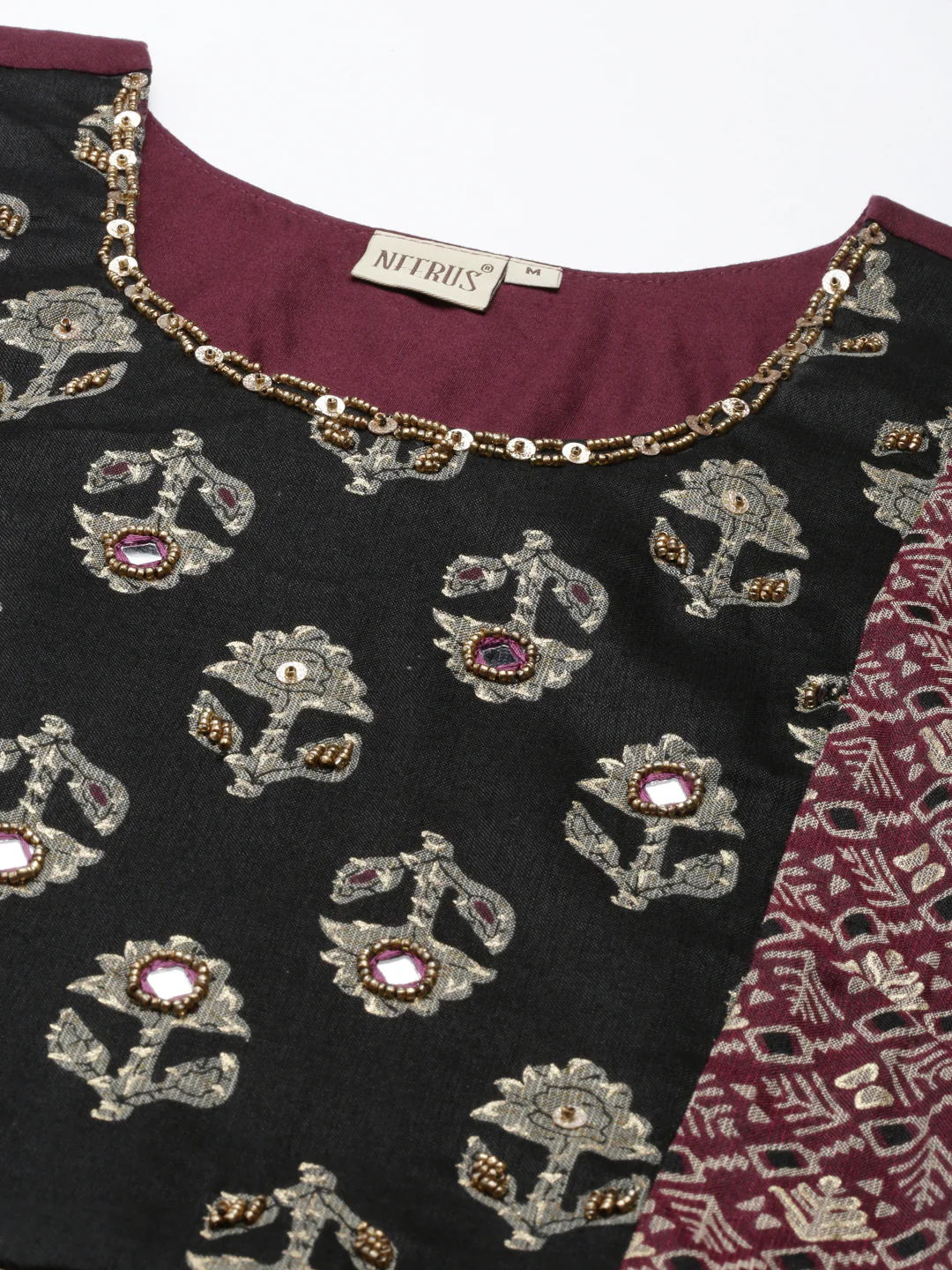 Neerus Ethnic Motifs Printed Mirror Work Gathered A Line Kurta - Image 4